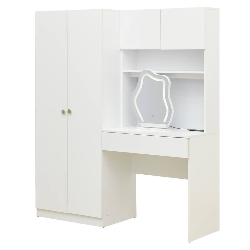 2-Door Wooden Storage Vanity Wardrobe for Bedroom with Makeup Mirror and Drawers, White