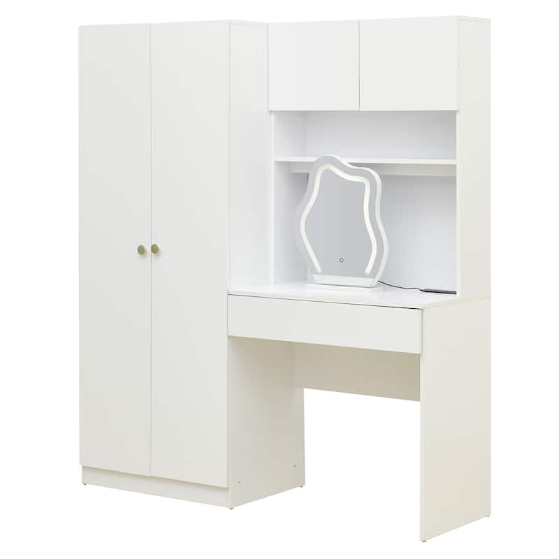 Wooden White Wardrobe & Dressing Table Set, 2-Door Armoire Closet with Hanging Rod, Vanity Desk with Makeup Mirror & Drawers