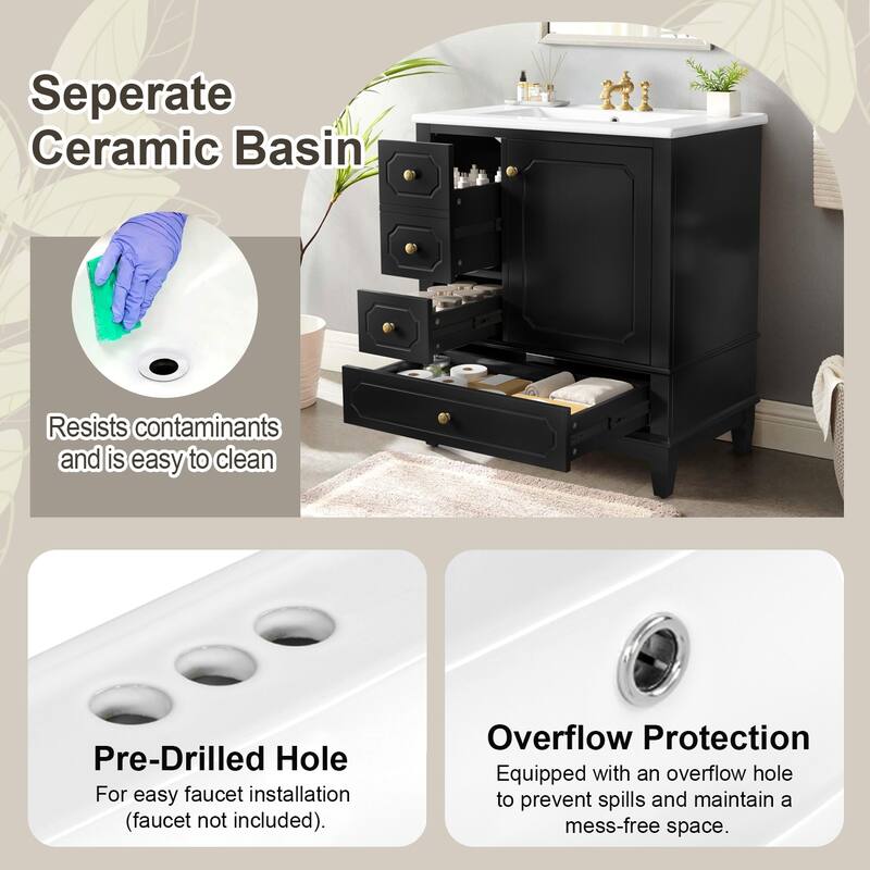 30" Bathroom Vanity with Sink,Solid Wood Frame,Painted MDF & Rubber Wood