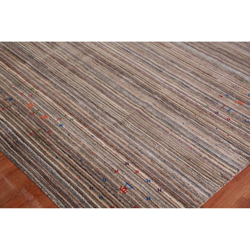 Striped Gabbeh Indian Area Rug Handmade Brown Wool Carpet - 8'0" x 9'8"