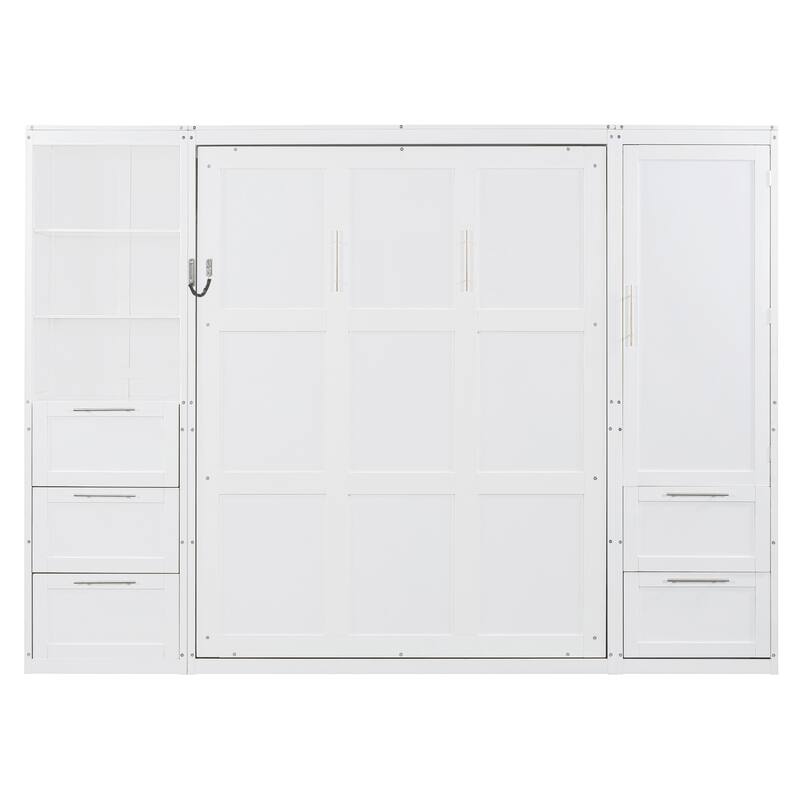 Foldable Queen Size Murphy Bed Flip Design Storage Wall Cabinet Bed with Wardrobe, Drawers, Open Shelves and Adjustable Layout