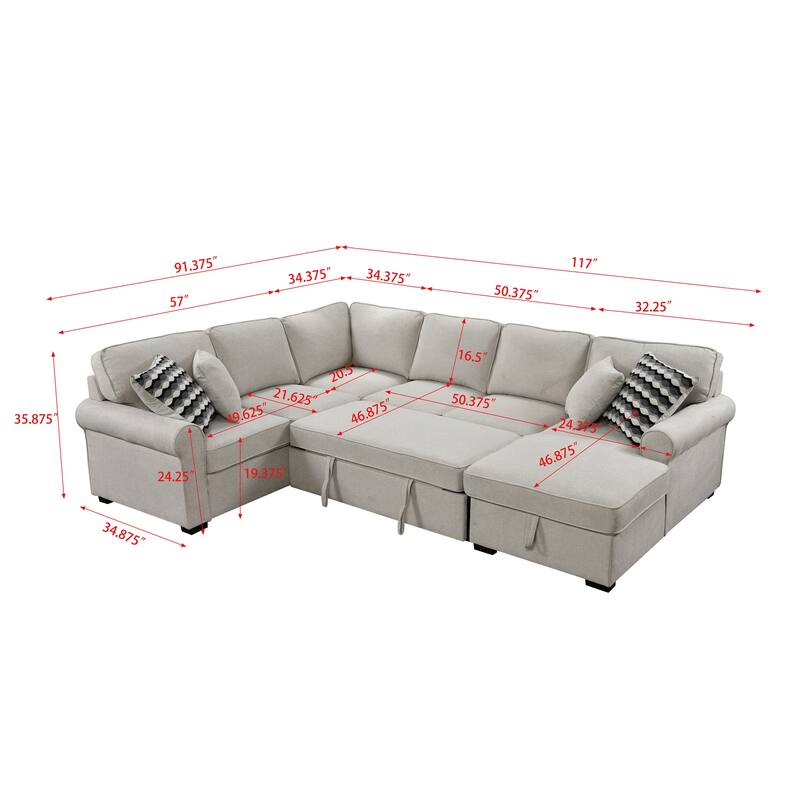 Removable Cushions Sectional Sofa with Storage Chaise and 4 Pillows