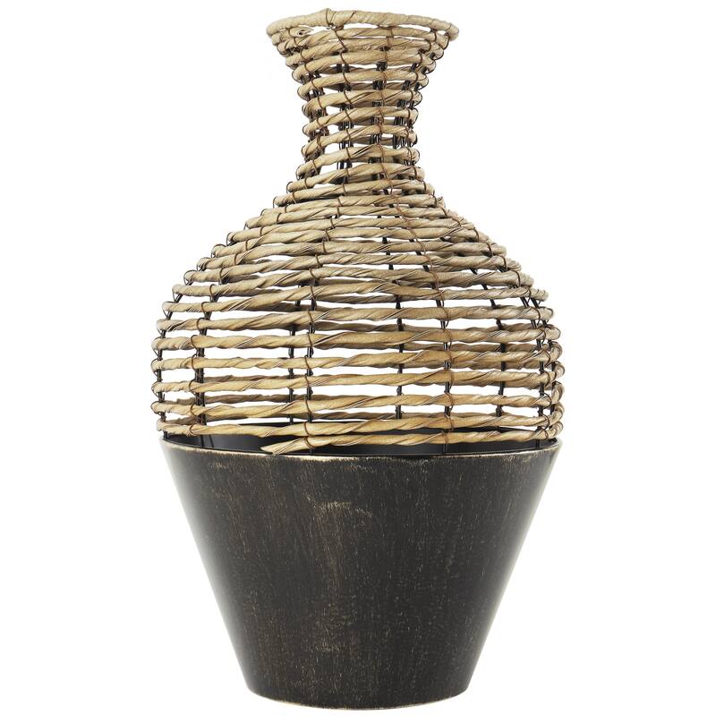 Plastic Rattan Handmade Twisted Decorative Vase with Open Frame Design and Bronze Metal Base - Bronze - Roche River Decor