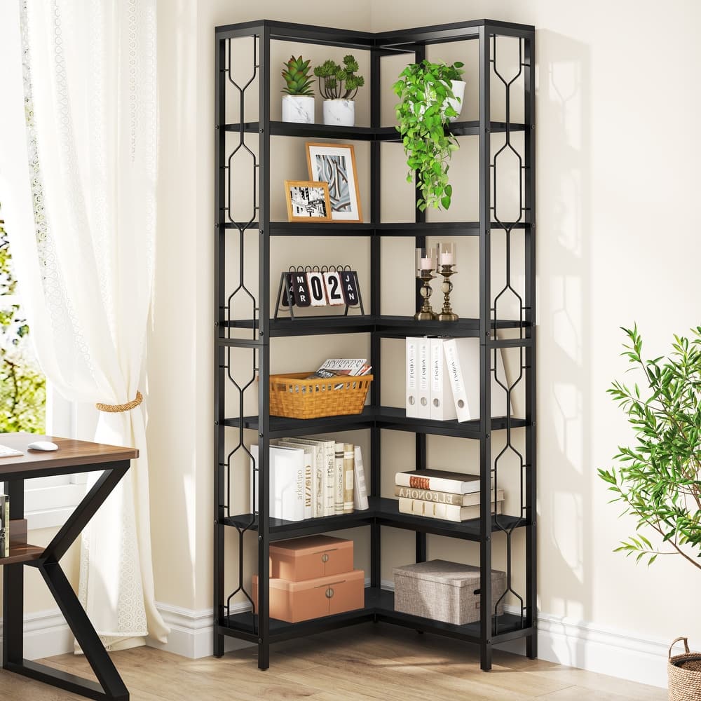 7-Tier Corner Bookshelf, White Corner Shelf Modern Etagere Bookcase