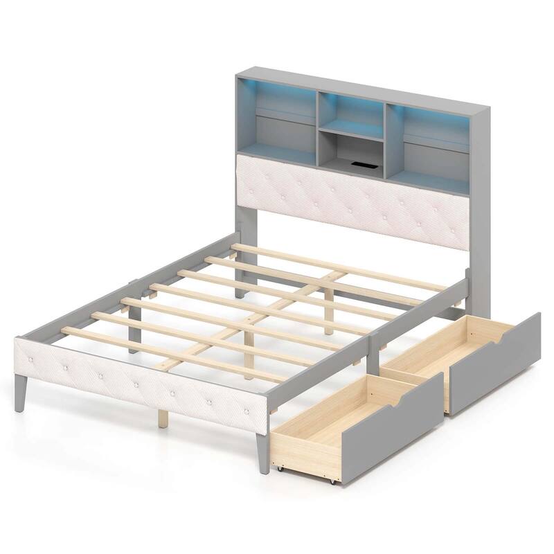 Costway Full Size Bed Frame with Bookcase Headboard Storage Bed with