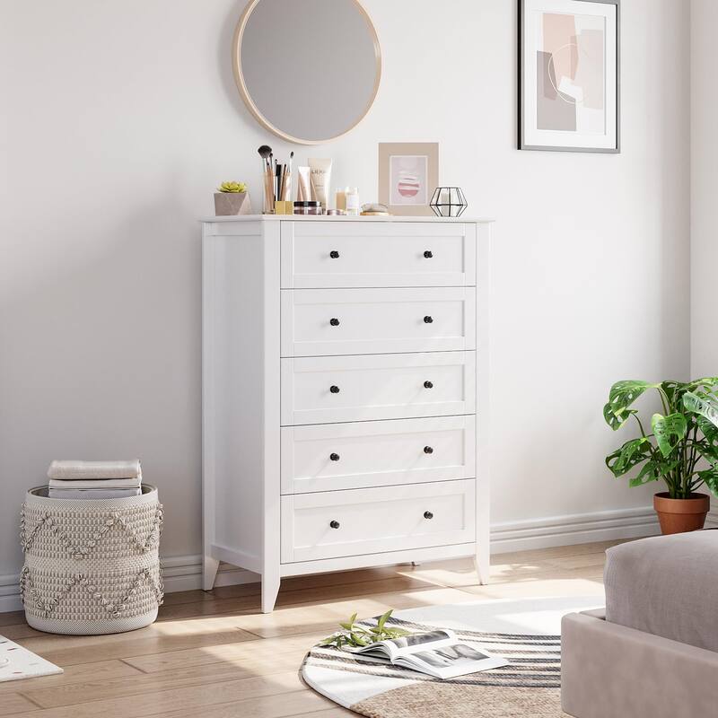 5/6 Drawer Dresser for Bedroom, Dresser with Deep Drawers & Metal Knobs, Modern Wooden Chests of Drawers - 5-drawer - White