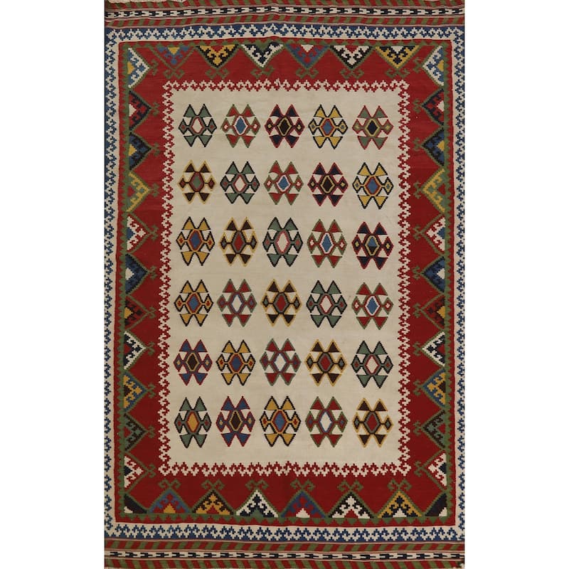 Hand Woven Oriental 100% Wool Carpet Southwestern Geometric Beige & Ivories Kilim Area Rug - 7' 11'' X 5' 0''