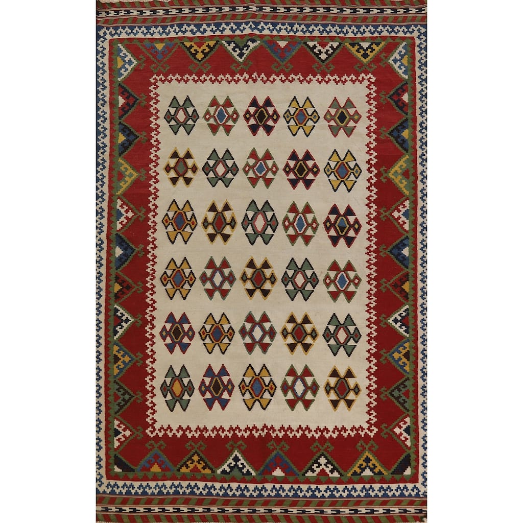 Hand Woven Oriental 100% Wool Carpet Southwestern Geometric Beige & Ivories Kilim Area Rug - 7' 11'' X 5' 0''