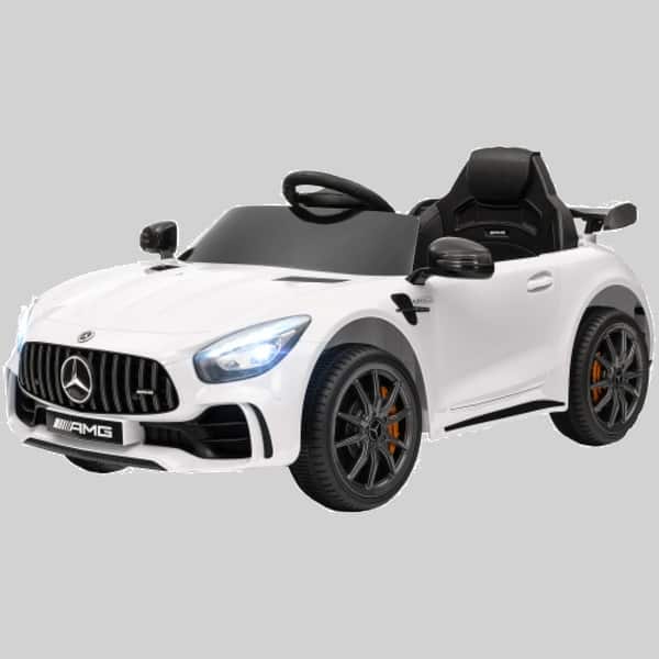 slide 2 of 2, Licensed 12V Mercedes-Benz AMG GTR Kids Electric Car with Remote, Soft Start, Music, and Tail Lights White