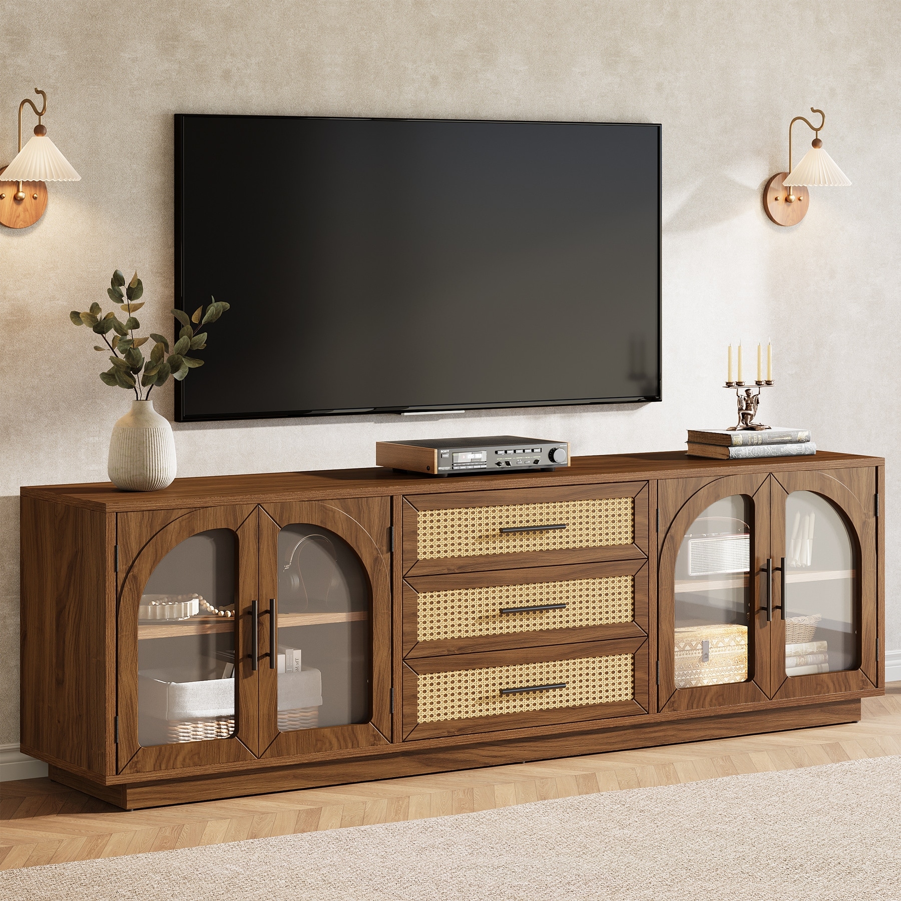 71" TV Stand with 2 Storage Cabinets and 3 Rattan Drawers, Mid-Century Modern Entertainment Center