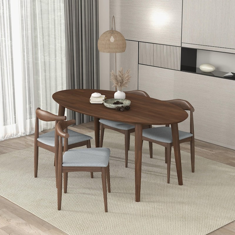 GDFStudio - Ada Modern Dining Set with Oval Solid Wood Oval Pedestal Dining Table and 4-Piece Fabric Dining Side Chairs - Oak