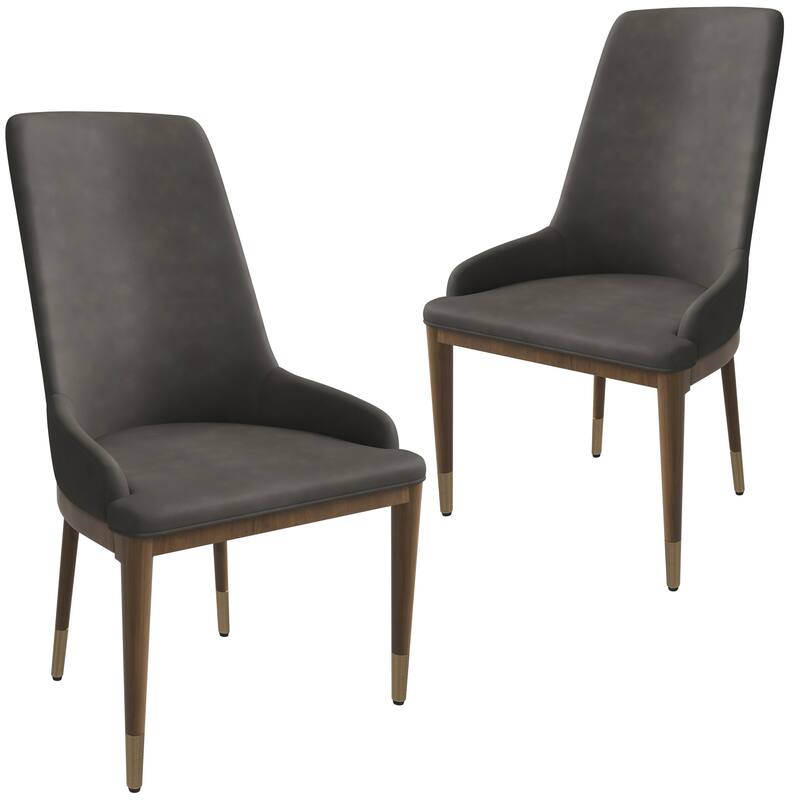 Dining Chair Upholstered in Leather with Rubberwood Frame Set of 2 Side Chair High Back and Gold Accent Legs