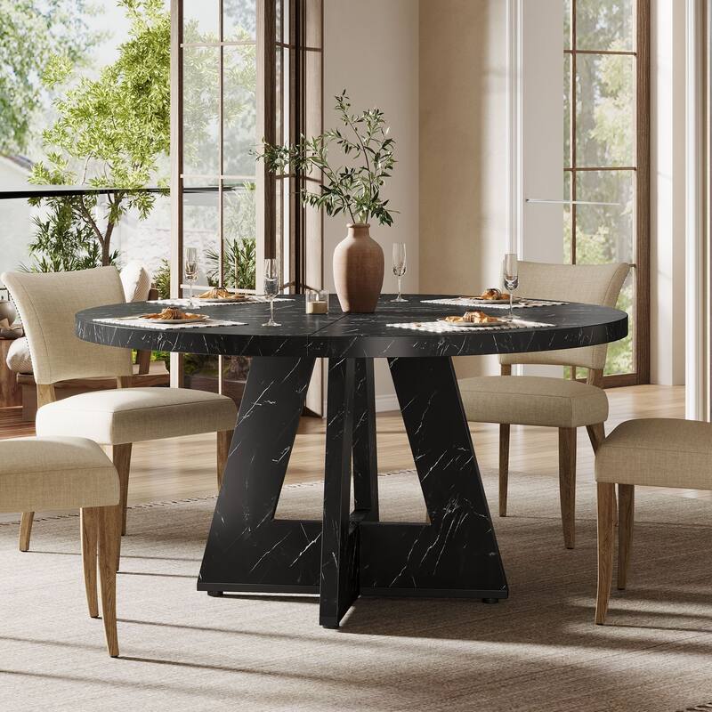 47" Round Dining Table for 4-6 People Rustic Wood Table with Pedestal Base for Kitchen Dining Room Living Room