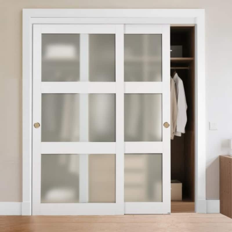 White Wood MDF Sliding Closet Doors with Frosted Glass Panels