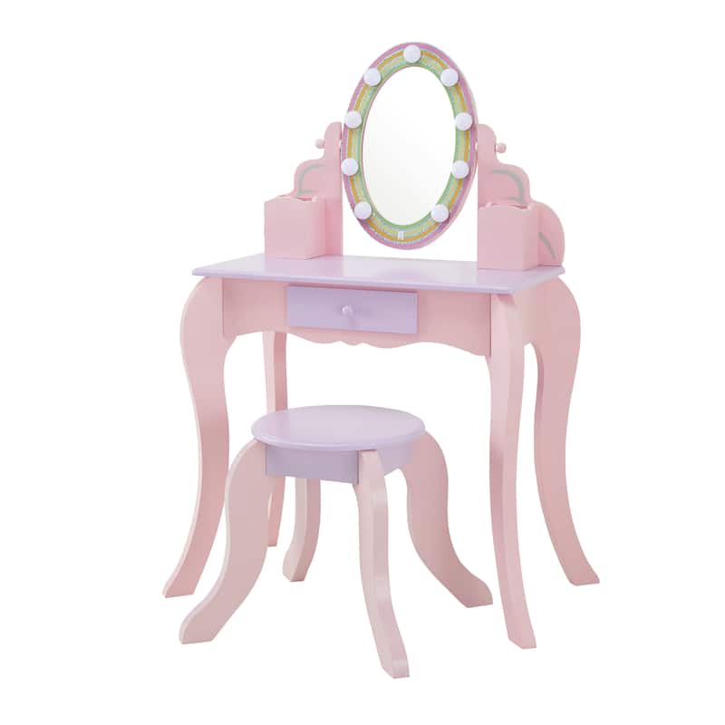 Teamson Kids Vanity Pretend Playset with LED Illuminated Mirror, Matching Stool, and Storage Drawer - Pink