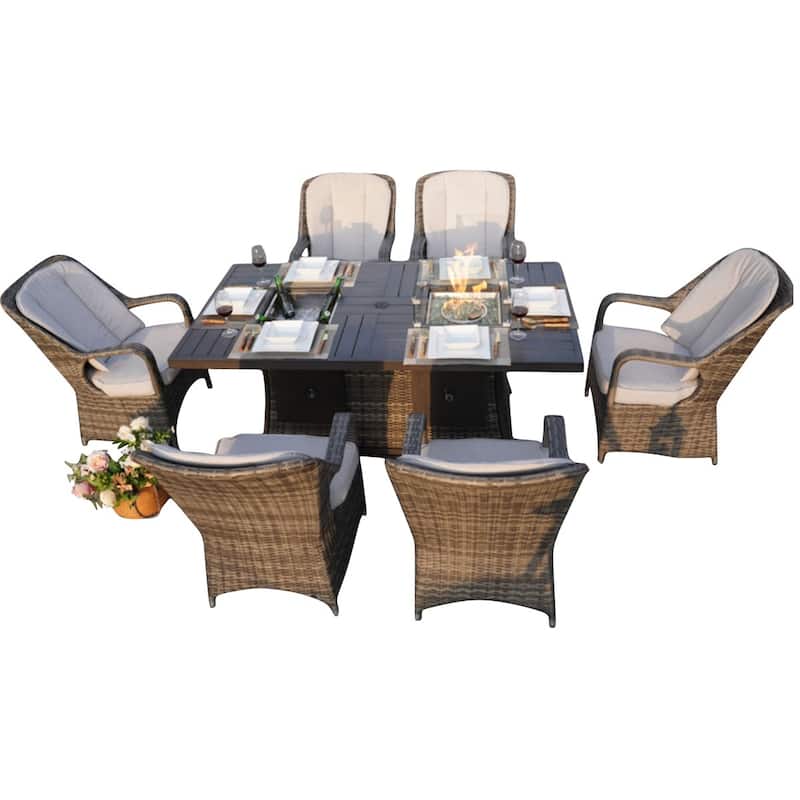 7-Piece Patio Rattan Dining Set with Ice Bucket and Firepit