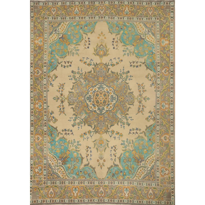 Hand Knotted Oriental 100% Wool Carpet Traditional Floral Beige & Ivories Tabriz Area Rug - 12' 3'' X 9' 9''
