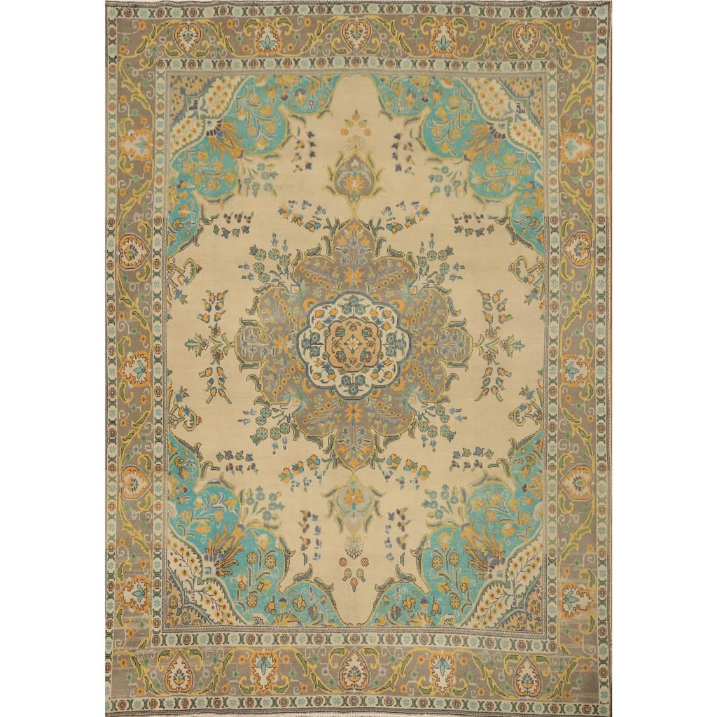 Hand Knotted Oriental 100% Wool Carpet Traditional Floral Beige & Ivories Tabriz Area Rug - 12' 3'' X 9' 9''