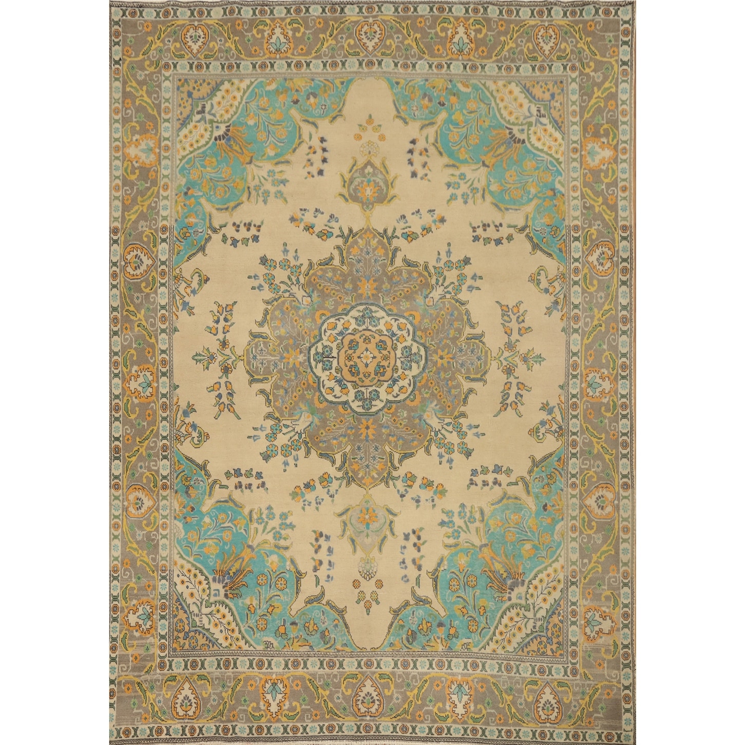 Hand Knotted Oriental 100% Wool Carpet Traditional Floral Beige & Ivories Tabriz Area Rug - 12' 3'' X 9' 9''
