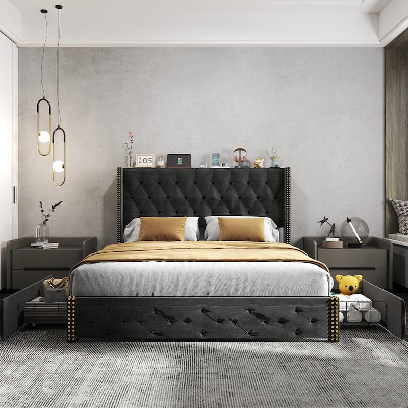 Full Size Bed Frame with 2 Storage Drawers and Wingback Headboard, Velvet Upholstered Platform Bed Frame with Charging Station