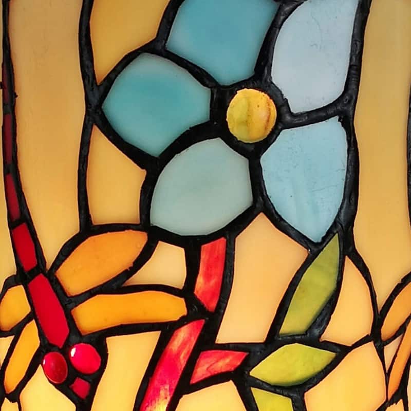 Tiffany Style Accent Lamp 10" Tall Stained Glass White Dragonfly Floral Living Room Bedroom Gift Amora Lighting