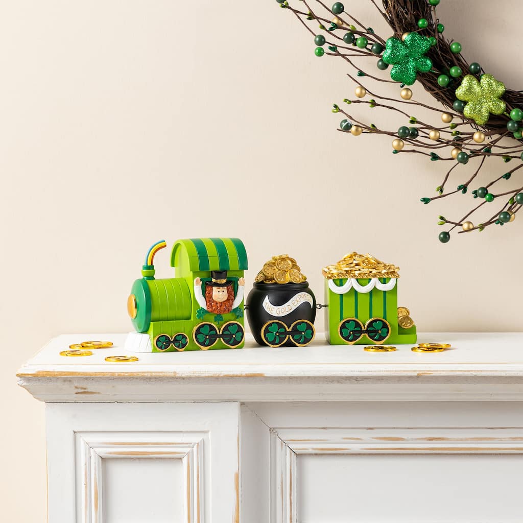Glitzhome Set of 3 St.Patrick's Resin Leprechaun Train Table Decor