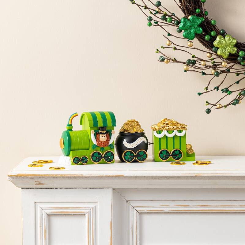 Glitzhome Set of 3 St.Patrick's Resin Leprechaun Train Table Decor