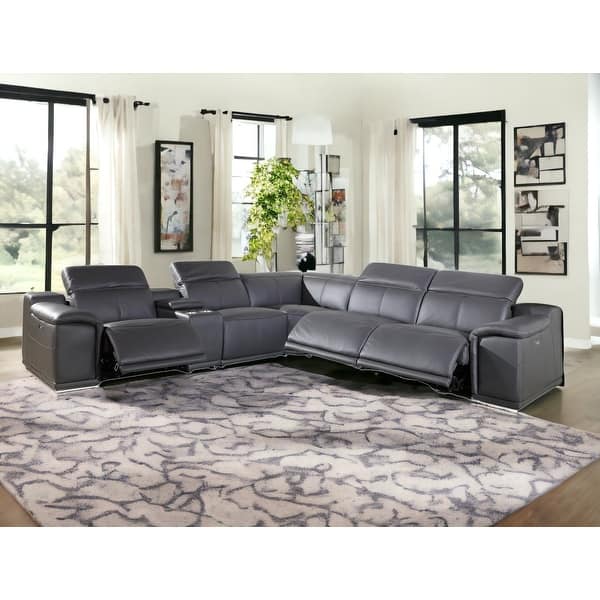 Gray Italian Leather Power Reclining U Shaped Six Piece Corner Sectional With Console Gray Italian Leather Power Reclining U Shaped Six Piece Corner Sectional With Console