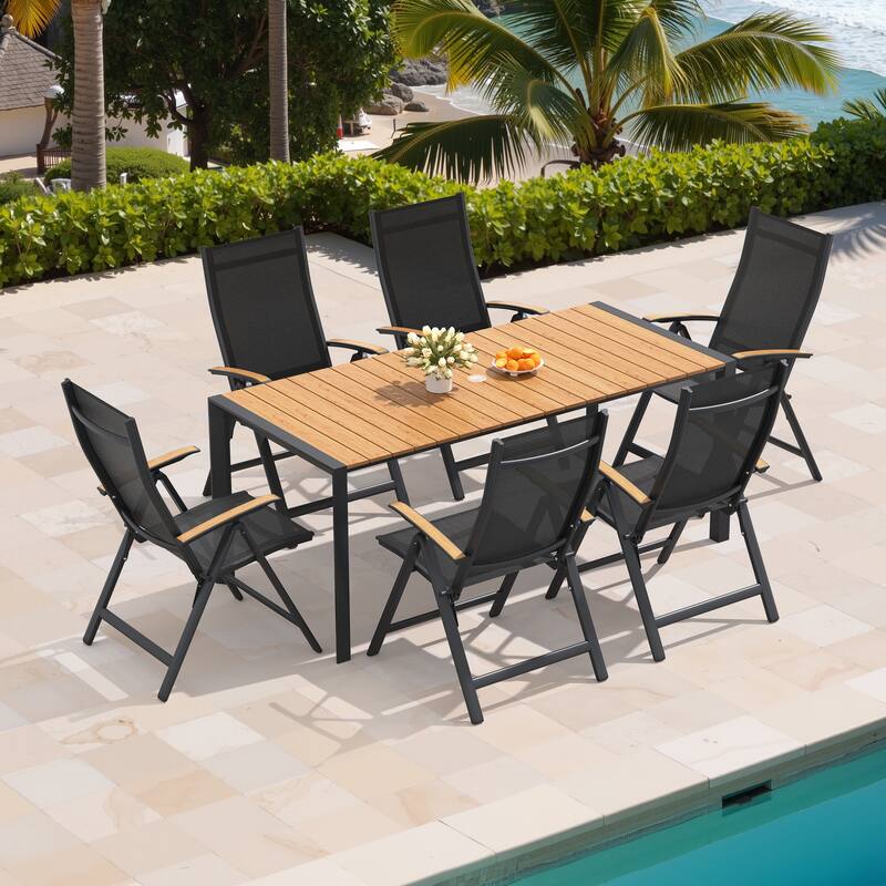 7/9/11-Piece Outdoor Dining Set Patio Aluminum Dining Table and Adjustable Folding Chairs - Brown - Set of 7