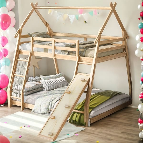 slide 2 of 18, Modern Twin Over Queen Playful Design House Bunk Bed With Climbing Nets And Climbing Ramp For Bedroom Natural