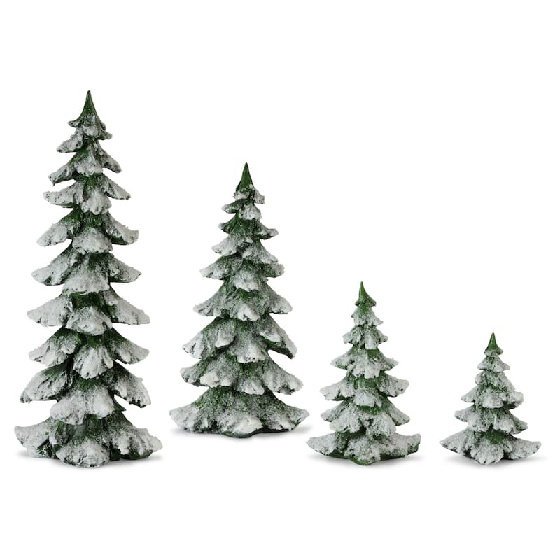 Green Flocked Pine Tree Decor (Set of 4) - N/A