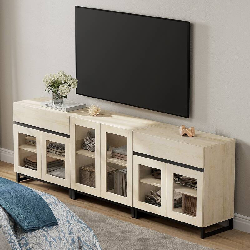 WAMPAT Dresser with Glass Doors, 3 in 1 Modern Chest of Drawers with Adjustable Shelves and 2 Drawers for Bedroom