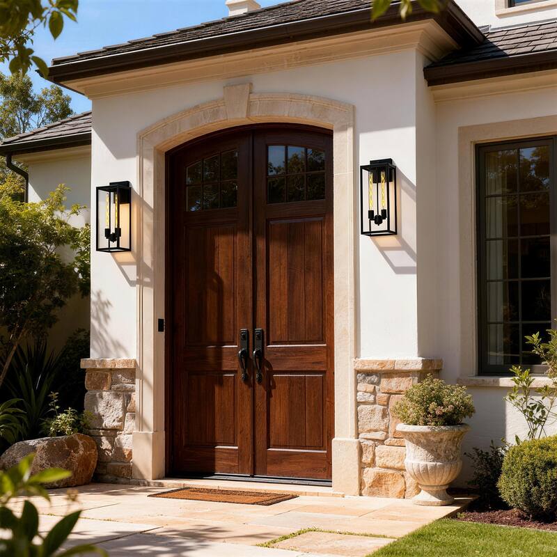 2 Pack Black Outdoor Lighting Wall Sconce with Clear Glass - Large: 20.4" H x 8.2" W x 9.1" D - Black