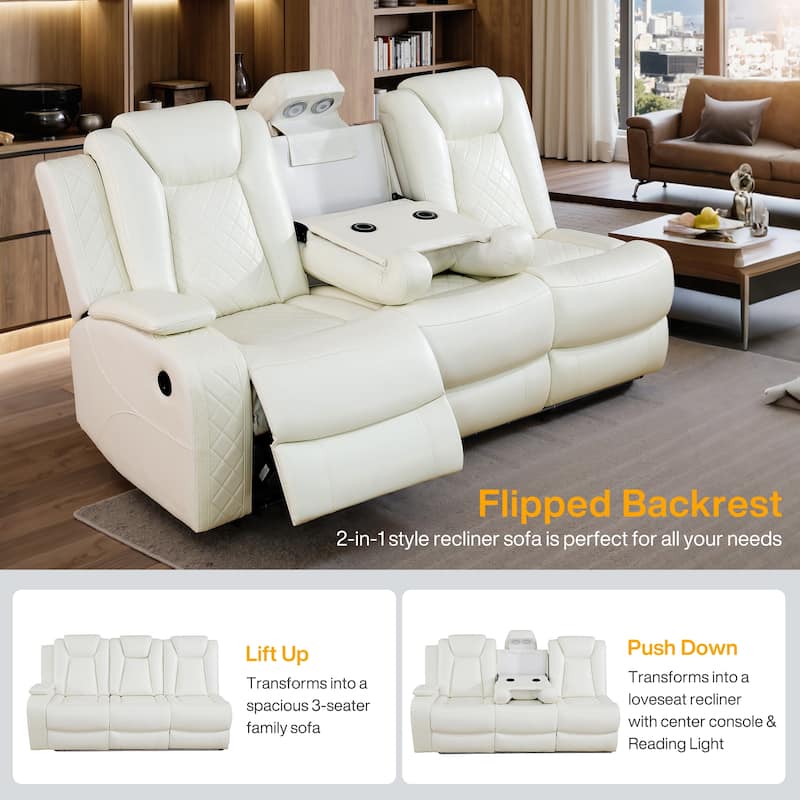 Off-White 3-Piece Breathing Leather Living Room Recliner Sofa set