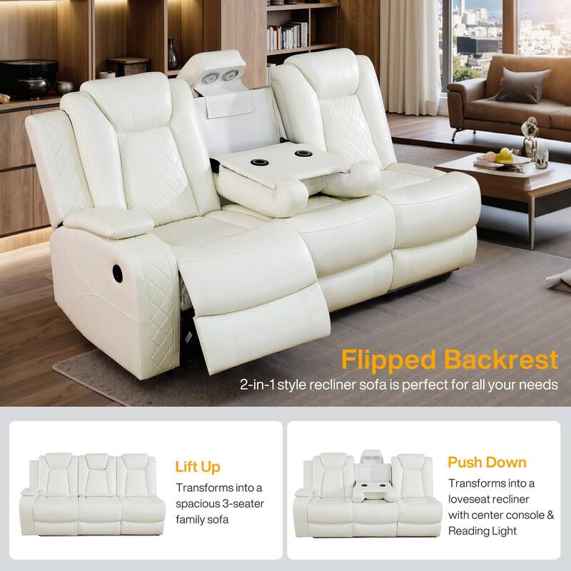 Off-White Breathing Leather 3-Piece Living Room Recliner Sofa set