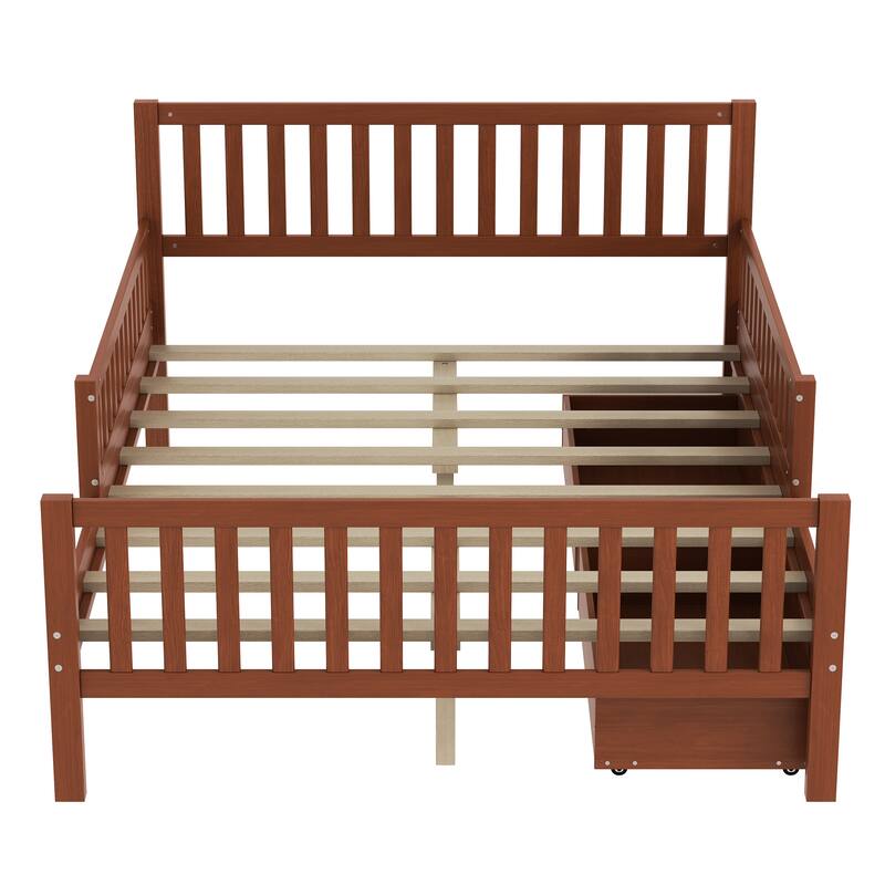 Wood Platform Bed with Guardrails on Both Sides and Two Drawers