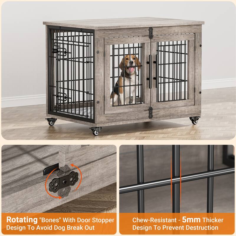 Dog Crate Indoor Heavy Duty Double Doors Wooden Dog Cage with Cushion