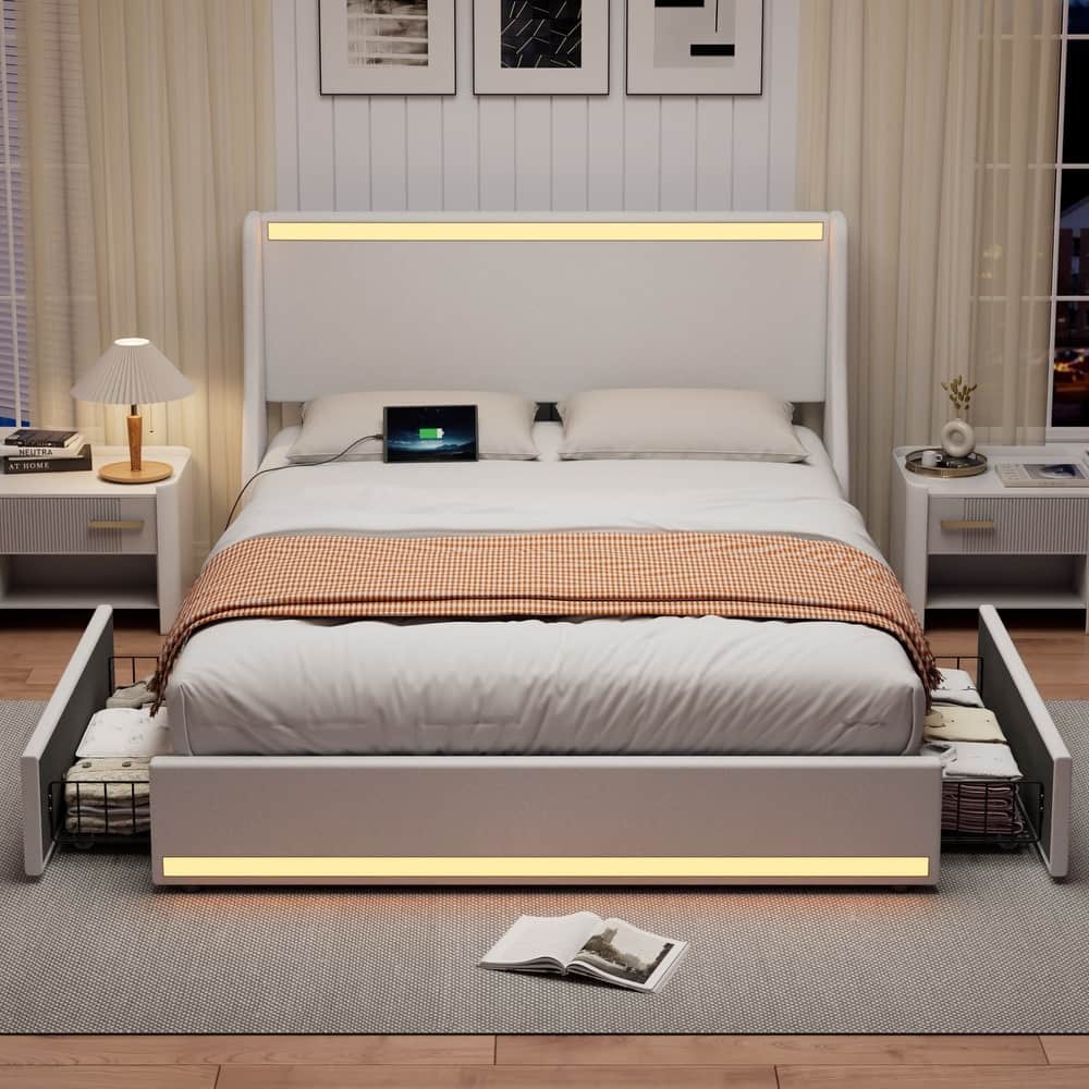 VECELO Modern LED Upholstered Platform Bed Frame with 2 Storage Drawers, USB & Type-C Ports, Full/Queen Size Bed