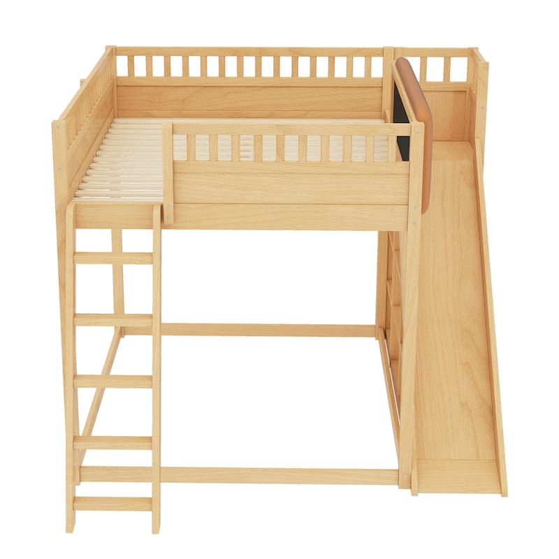 Queen/Full Loft Bed with Upholstered Headboard, Storage & Slide
