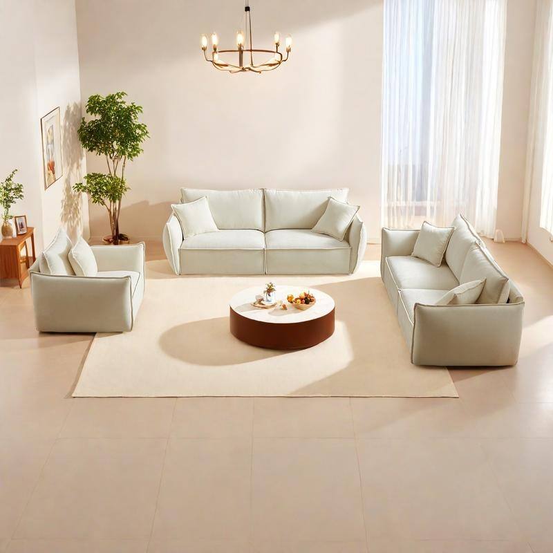 3-pieces Linen Modular Sofa Set with 3+3+1 Seater Combo and Wooden Frame & 5 Pillows - Beige
