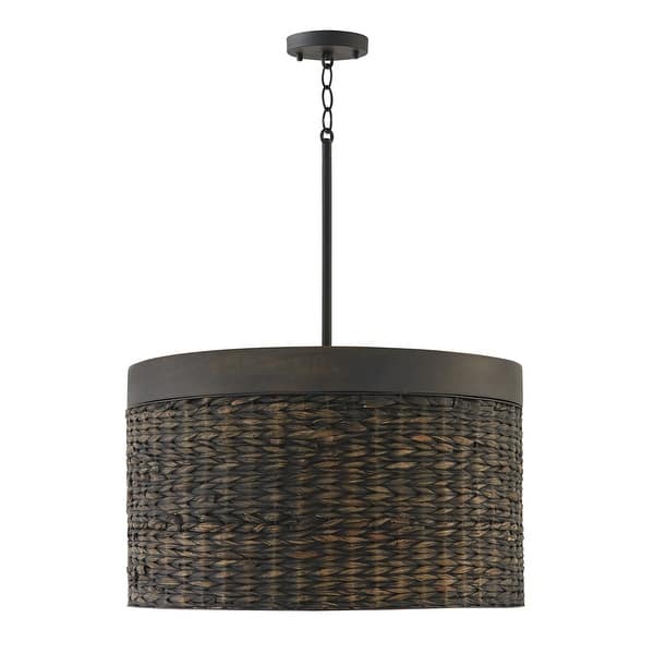 slide 2 of 8, Tallulah 4-light Drum Pendant w/ Mango Wood & Water Hyacinth Charcoal Wash