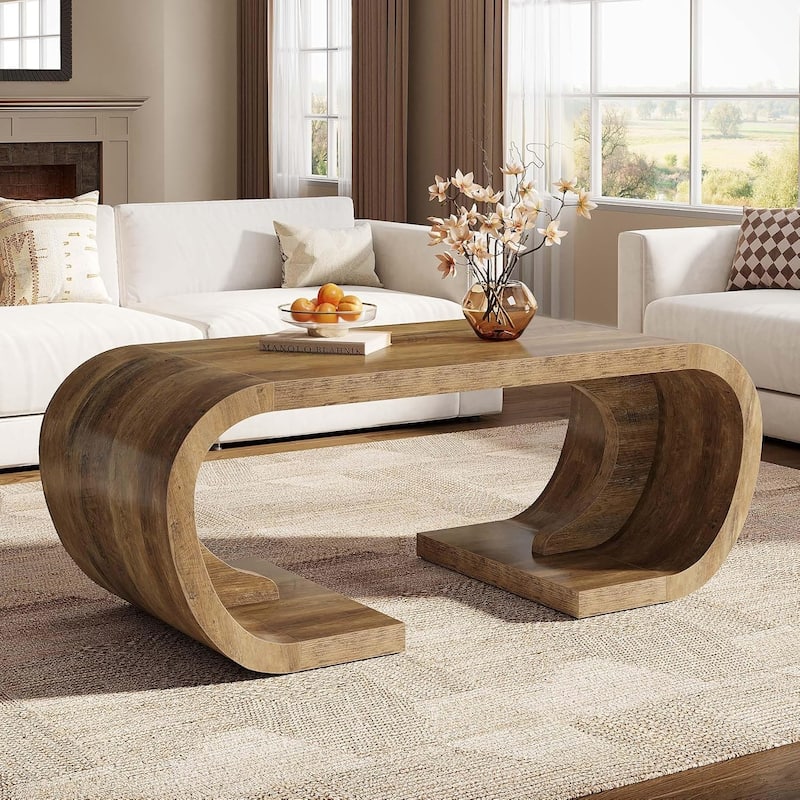 47" Farmhouse Coffee Table, Heavy Duty C-Shaped Center Table with Curved Base for Living Room, Rustic Brown - Brown