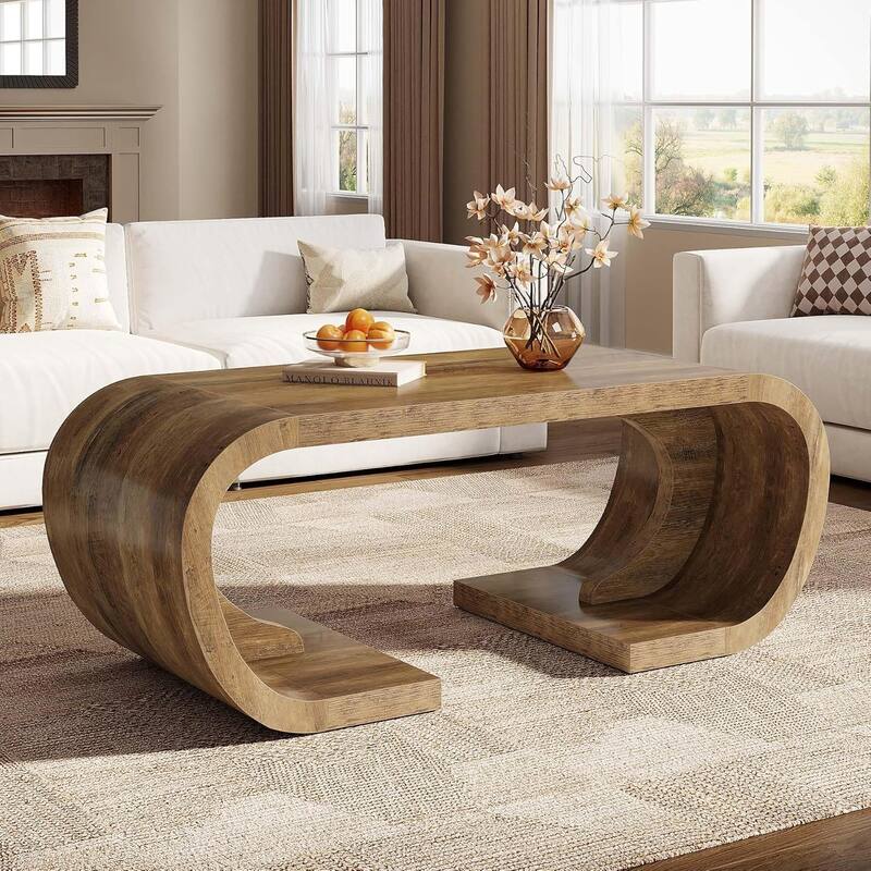 47 Inches Coffee Table, Heavy Duty Center Table with Curved Side - Brown