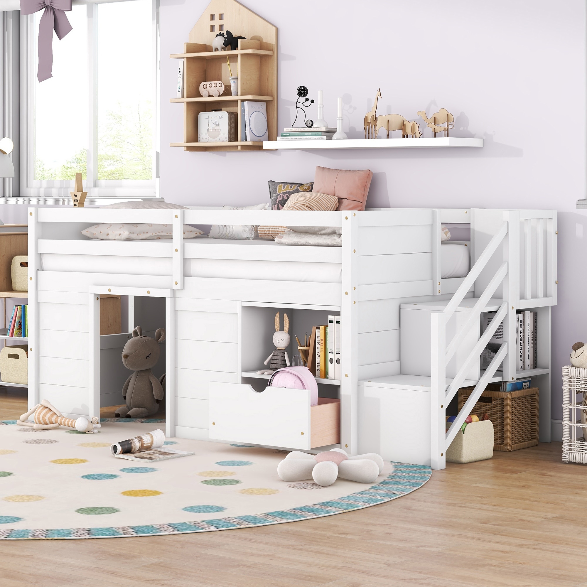 Low twin outlet bed with storage