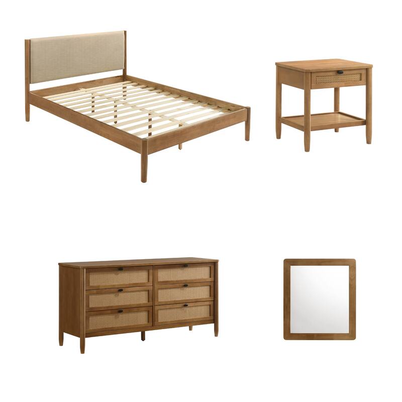 Vichy 4-Piece Rubberwood Bedroom Set with Textured Polyester Upholstered Queen Bed, Dresser, Mirror, and Nightstand