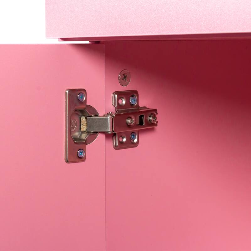 Modern Hair Desk with Multi-Layer Storage, Wooden Vanity Table with Drawers, Cabinet & Hair Dryer Holder, Durable Design, Pink