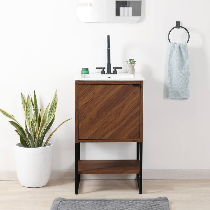 Juhl Chevron-Front Modern Minimalist 2-Shelf Bath Vanity Cabinet Only (Sink Basin Not Included), By JONATHAN Y - Walnut - 20"W x 18"D x 33"H