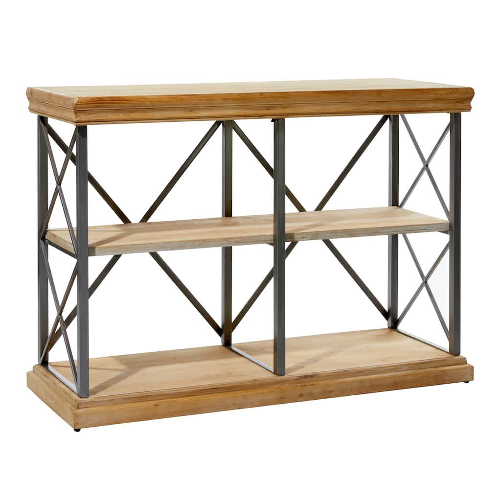 Wood 3 Shelf Shelving Unit with Gray Metal X-Frame - Brown - Roche River Decor