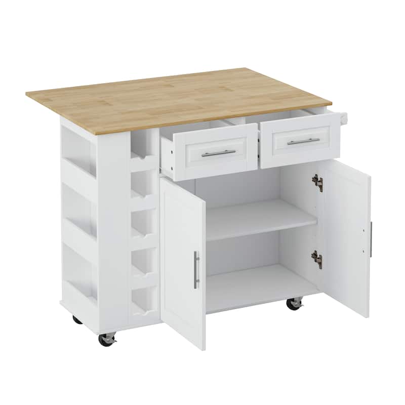 Anmytek Multifunctional Storage Kitchen Island Cart with Foldable Rubberwood Tabletop, Cabinet, Drawers, Spice Rack