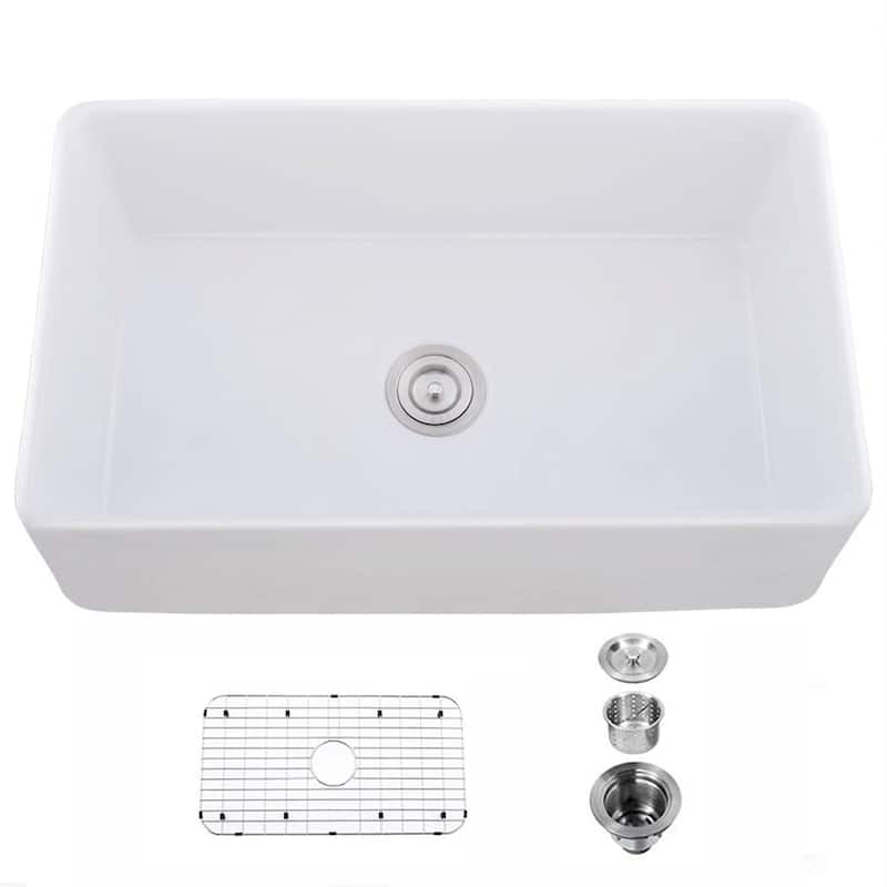 33" x 20" Fireclay Single Bowl Farmhouse Apron Kitchen Sink with Grid and Strainer - 33 x 20